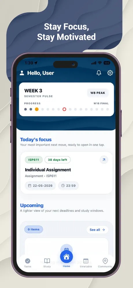 Rencana home screen showing weekly progress and today's focus
