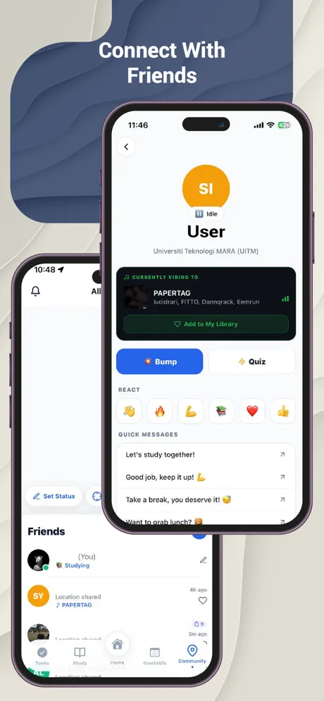 Friend profile with status, music and quick messages