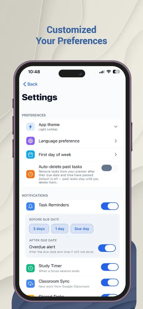 Rencana settings with themes, language and notifications